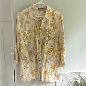 JM Collection 100% Linen Floral Shirt Women's Size 14 Yellow Brown Button Down